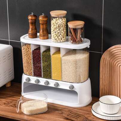 5-In-1 Dry Food Dispenser | 12L Capacity With 5 Grids For Cereal, Rice & Grain Storage, One-Touch Serving