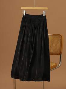 LuminousWealth 女装 - 女士纯色优雅 A 字中长裙，适合休闲或办公穿着，四季皆宜，是新年、节日和派对的理想之选。 - 黑色 - 查看 2