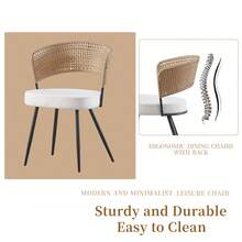 Rattan Dining Chairs Set Of 4,Farmhouse Upholstered Teddy Cushion With PE Cane Round Back Kitchen Chair,Mid Century Modern Dining Room Chair With Black Metal For Kitchen,White - 米色 - 查看 6