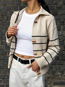 DAZY Contrast Color Striped High Neck Long Sleeve Loose Cardigan With Horn Buttons For Women,Fall Women Clothes - Apricot - View 7