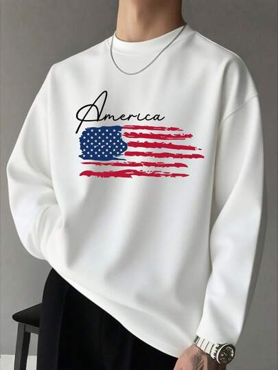 Men's Cotton Long-Sleeve Letter Print Crewneck T-Shirt