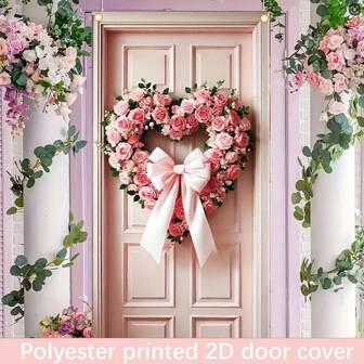 2D FLAT 1pc Romantic Heart-Shaped Pink Rose Wreath Polyster Door Banner - Perfect For Valentines Day, Indoor/Outdoor Decor, Fits Standard Door 71x35 Inch, Party Banner