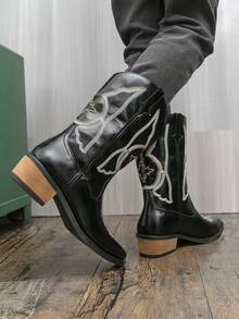 Western Style Cowboy Boots, Wedge Heel, Embroidered, Retro British Style, Couple Boots, Riding Boots, Black Boots