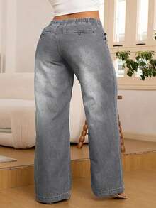 大码女式休闲牛仔裤，时尚百搭，后袋抽绳松紧腰直筒弹力牛仔裤，春季款 - 灰色 - 查看 5