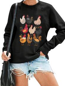 Women's Chicken Print Sweater - Soft Round Neck Long Sleeve Pullover With Farm Chicken Design, Black & Multicolor Rooster & Hen Pattern,Zy Fall Winter Sweater For Casual Casual Attire, Machine Washable Layered Outfits, Relaxed Fit Women's Fashion With Vibrant Chicken Print, Autumn/Winter Seasonal Wear, Animal-Themed Casual Sweater, Women Clothes, Sweaters For Women END - 黑色 - 查看 3