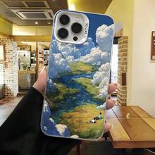 Cubierta de telefono con diseño de paisaje natural azul y verde con nubes y rios para iPhone 14 Pro Max estilo artístico ideal para uso diario en cafeterias y salones - Negro - Ver 3