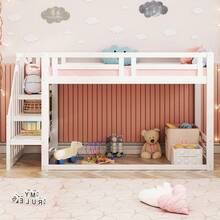 Children's Bed 90*200cm, Low Bunk Bed With Ladder, Solid Wood Bed Frame With Slatted Sides, White - White + Solid Wood - View 7