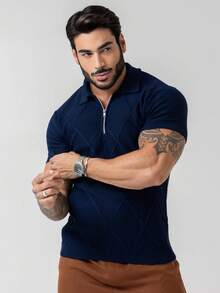 TRICOT DE LUXO Camiseta tricot gola polo com ziper masculino leve texturizado alta qualidade Primavera verão outono qualidade premium - Azul Marinho - Visão 7