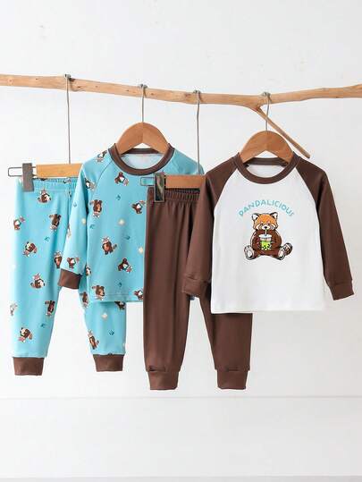 4-Piece Set Of Baby Spring And Autumn Fun Bear Elements Letter Print Crew Neck Long Sleeve Top, Trouser Set, Boys' Loungewear Set, The Fabric Is Comfortable, Suitable For Daily Wear