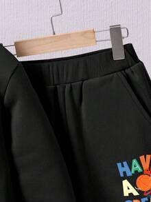 Tween Boy Cartoon Print Warm Hoodie And Sweatpants Set - Black - View 5