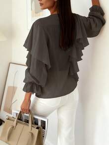 Women's New V-Neck Lantern Sleeve Ruffle Trim Button Loose Chiffon Blouse, Fashionable Sexy Casual Semi-Sheer Bohemian Style Beach Top, Spring/Summer/Autumn - Grey - View 5