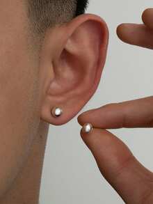 2 piezas Pendientes de bola lisa de acero inoxidable para hombres - Plateado - Ver 2