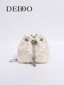 Dedoo Túi xách nữ kiểu dáng xô, dây đeo xích, họa tiết chần bông, mẫu mới năm 2024. - trắng - Xem 3