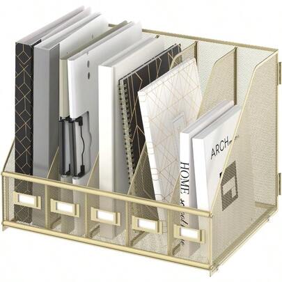 TTJM Desk Organizers Metal Desk Magazine File Holder With 5 Vertical Compartments Rack File Organizer For Office Desktop Home Workspace Golden Yellow