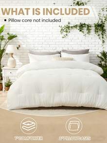 3pcs Comforter Set, Bedding, Halloween Decor, Fall Decor, Cozy And Warm Bedding, Solid Color, Easy Care And Comfortable, Breathable Bed Set, For Full, King, Queen Bed Sizes, Suitable For Bedroom, Guest Room, Dormitory, All Seasons, Halloween Gift, Machine Washable, 1 Comforter And 2 Pcs Pillowcases. - trắng - Xem 3