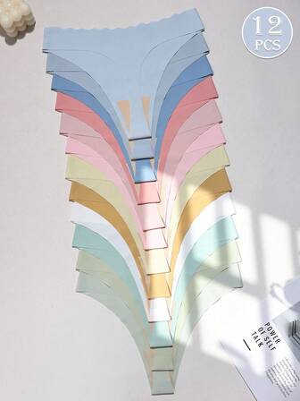12pcs Seamless Solid Thong Panties, Sexy Comfortable Breathable Stretchy Intimate Underwear For Women