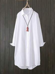 女式长袖落肩衬衫，不对称下摆和纽扣细节，无弹力涤纶面料