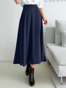 藏蓝色拉链后背宽松A字喇叭长裙，休闲日常穿着，通勤上班，秋冬女装 - 寶藍色 - 查看 3