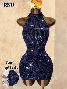 RNU Đầm ôm sát hở lưng màu xanh hải quân đính sequin, lãng mạn, gợi cảm, không tay, thích hợp cho hẹn hò, tiệc tùng, hộp đêm, dạo phố, lễ hội, Ngày Valentine, Năm mới, sinh nhật, Xuân/Hè/Thu/Đông, trang phục nữ mùa thu, khách dự đám cưới, váy ngắn nữ mới. - Màu xanh hải quân - Xem 4