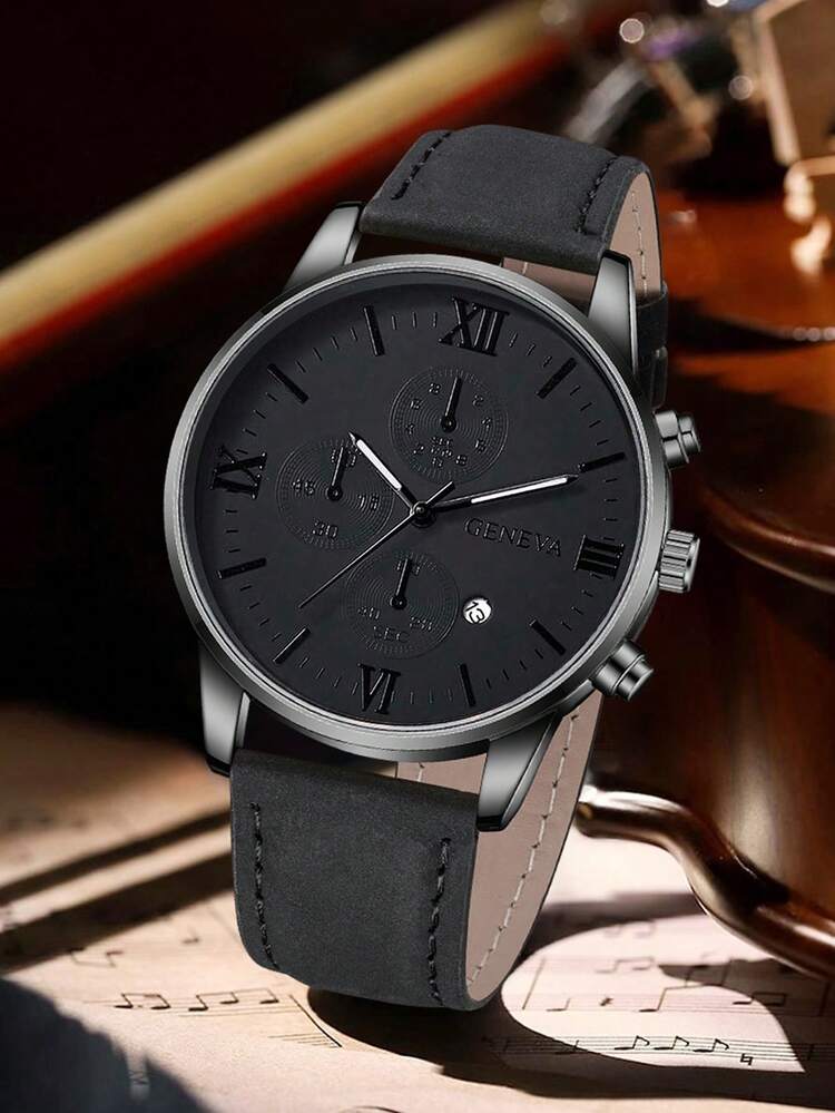1pc Men's Black PU Leather Band Quartz Watch, Casual Business