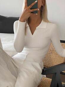 Solid Ribbed Knit Sweater,Long Sleeve Tops,Fall Clothes - White - View 1
