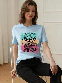 Tween Girl 休闲浅蓝色印花圆领短袖 T 恤，夏季 - 淺藍色 - 查看 7