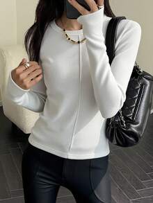 DAZY Women's Loose Business Casual Fashion Street Basic Long Sleeve T-Shirt, Patchwork Design, Autumn - White - View 4