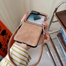 1pc Stylish Minimalist Suede PU Leather Folding Phone Case Compatible With Samsung Galaxy Z Flip7/6/5/4 - Women's Wristlet Strap Full Body Shockproof Protective Cover