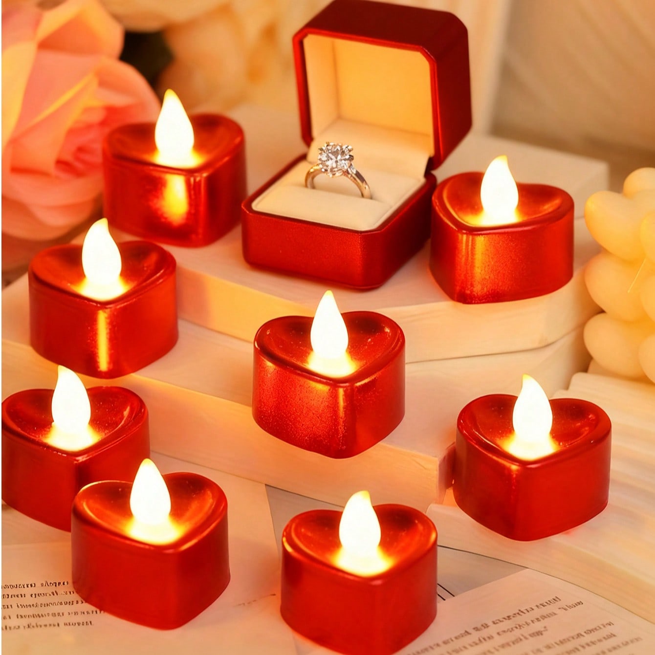 12pcs Red Flameless Heart-Shaped LED Candles, Heart LED Tea Lights, Realistic Flameless Candle Lights, Suitable For Wedding, Valentine's Day, Holidays, Home Decor, Dining Table Decor, Creating Romantic Nights, Anniversary, Wedding, Dinner Party Atmosphere
