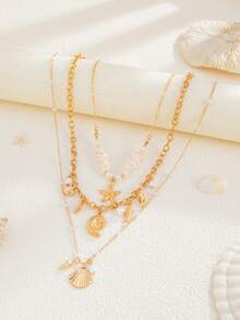 4 件女士复古创意优雅时尚金属花朵装饰巴洛克仿珍珠项链套装，海洋风格海星吊坠多层项链套装 - 金黃色 - 查看 9