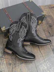 情侣款西部牛仔靴，男女通用 | 黑色刺绣中筒靴 | 复古防滑鞋底 | 时尚男女靴 - 日常穿着/街头穿搭/牛仔竞技