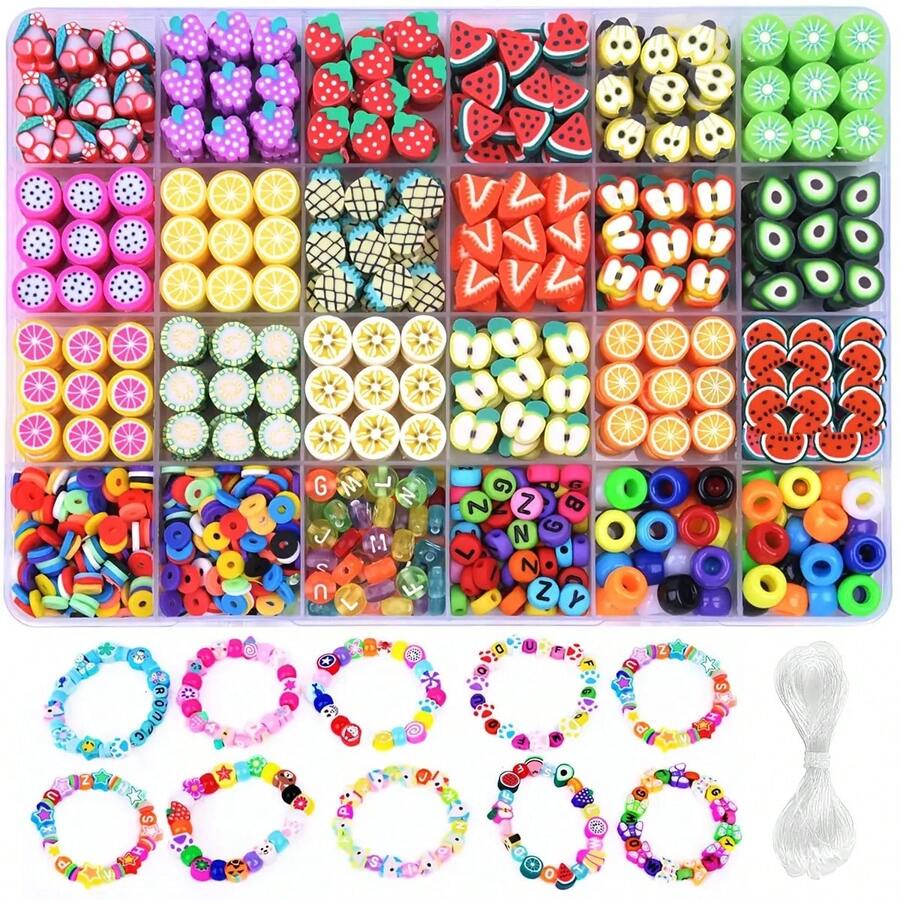 1000 قطعة من طقم صنع أساور من خرز الطين البوليمري، يشمل 18 لون مرمز لموضوع الفاكهة والحلوى DIY، متعدد الألوان (وردي وأزرق وأخضر وأصفر وأحمر وأسود وأبيض وشفاف ولامع وخافت)، خرز مرقم وبحروف، قلب وعين وفم - متعدد الألوان - مشاهدة 1