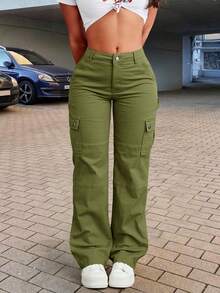 女式纯色多口袋休闲工装裤 - 軍綠色 - 查看 2