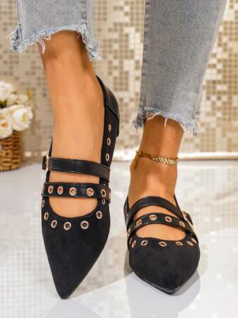 Nuevos zapatos planos con puntera puntiaguda y diseño de primavera y otoño, de unicolor con parches, con doble hebilla y decoración de metal vintage, con agujeros respirables y diseño de remaches, de estilo retro chic adecuado para el uso diario, el ocio, los viajes, las compras, las citas, zapatos planos minimalistas clásicos de color negro que aumentan la altura, bailarinas