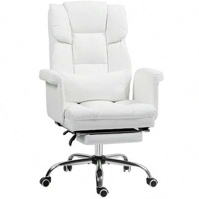 HOMCOM Office Chair, Ergonomic Desk Chair With Reclining Function, Lumbar Cushion, Height Adjustable Computer Chair With Footrest, Swivel Function, For Home Office, Synthetic Leather, White
