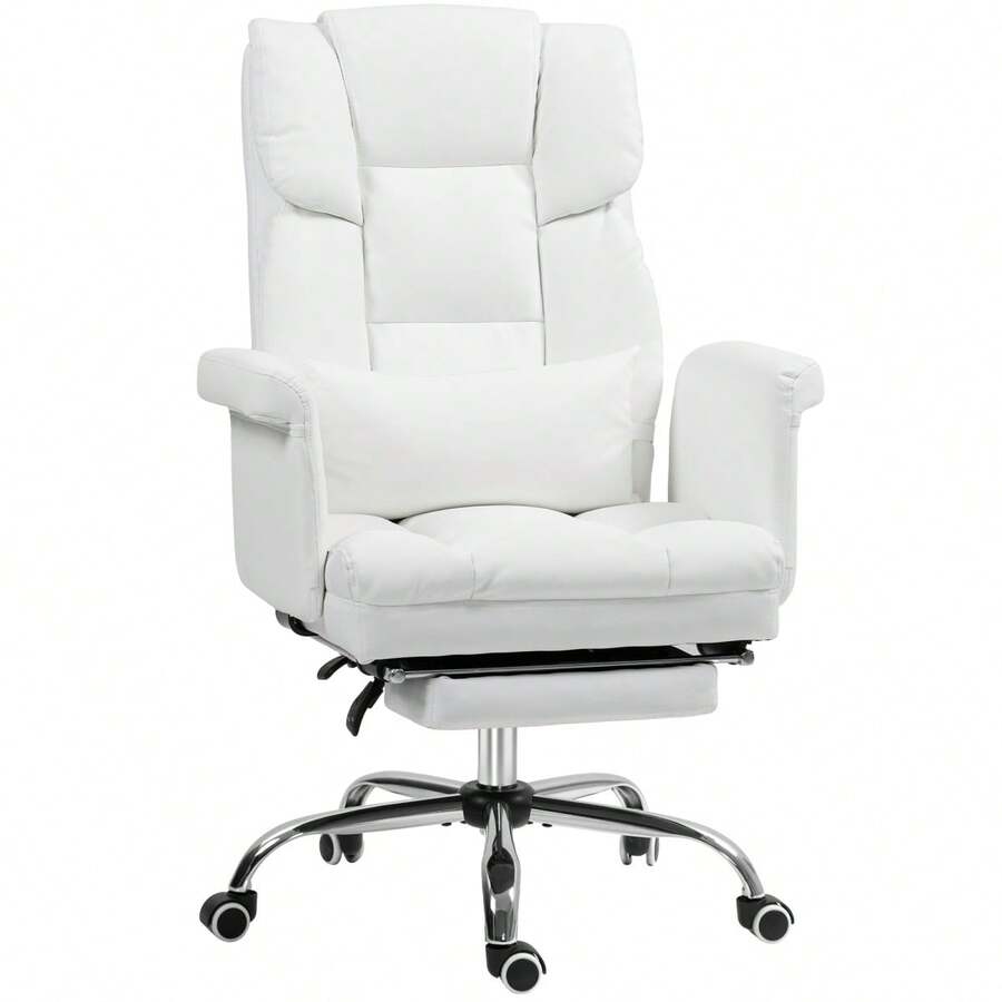 HOMCOM Office Chair, Ergonomic Desk Chair With Reclining Function, Lumbar Cushion, Height Adjustable Computer Chair With Footrest, Swivel Function, For Home Office, Synthetic Leather, White - 1 - View 1