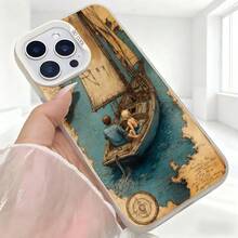 Cubierta de telefono con diseño vintage para iPhone 14 Pro Max color beige con barco antiguo y mapa del tesoro en tonos azules y marrones ideal para amantes de la navegación y aventuras marinas - Negro - Ver 5