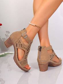 2026春夏新款女士露趾高跟凉鞋，镂空设计，单扣，侧边镂空，轻便舒适，适合日常、户外、办公、上学等场合穿着，时尚百搭，棕色高跟凉鞋，厚底高跟鞋 - 棕色 - 查看 6