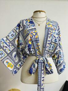 KISTYLE Crepe Blouse With Batwing Sleeves And Tie Detail - 淺藍色 - 查看 1