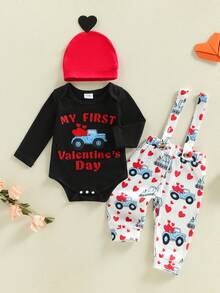 Conjunto de bebé para San Valentín: mono de manga larga con estampado de letras, pantalones con tirantes y gorro con estampado de corazones. - Negro - Ver 6