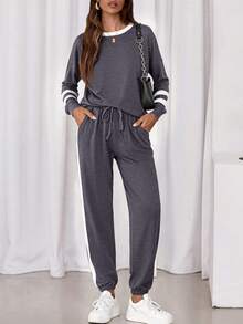 PRETTYGARDEN Women Fall 2 Piece Lounge Outfit Long Sleeve Tops High Waisted Jogger Pants Set Spring Travel Clothes Tracksuit New Years Valentine Vacation Outfit For Women - 深灰色 - 查看 1