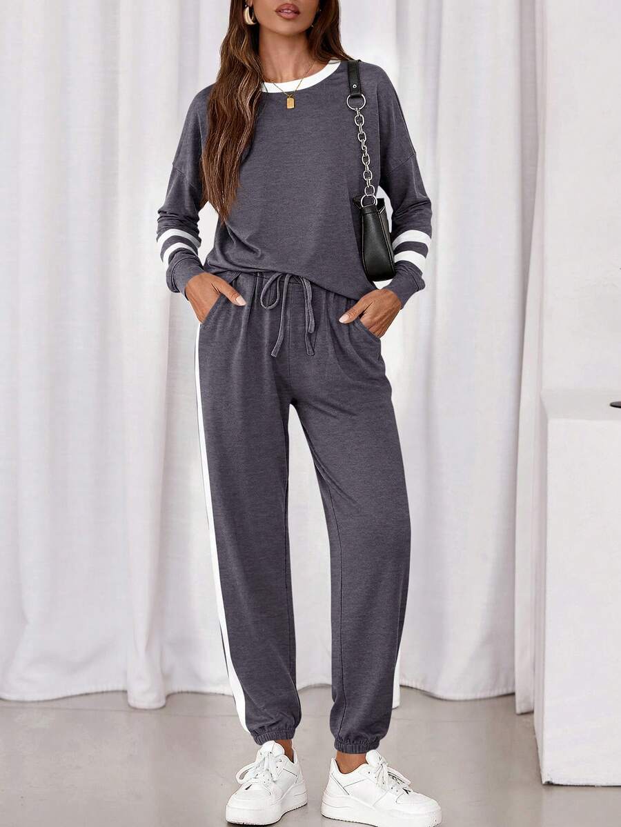 PRETTYGARDEN Women Fall 2 Piece Lounge Outfit Long Sleeve Tops High Waisted Jogger Pants Set Spring Travel Clothes Tracksuit New Years Valentine Vacation Outfit For Women - 深灰色 - 查看 1