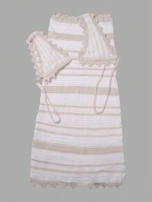 Apperloth A 2 piezas Conjunto de traje de baño con bralette de punto con espalda descubierta y estilo bohemio de rayas de contraste, y falda larga con volantes de ganchillo como cubreplaya de estilo bohemio - Caqui - Ver 8