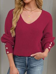 Women's All-Match Loose V-Neck Button Knit Sweater, Casual Versatile Lightweight Ribbed Pullover - Rose Red - View 4