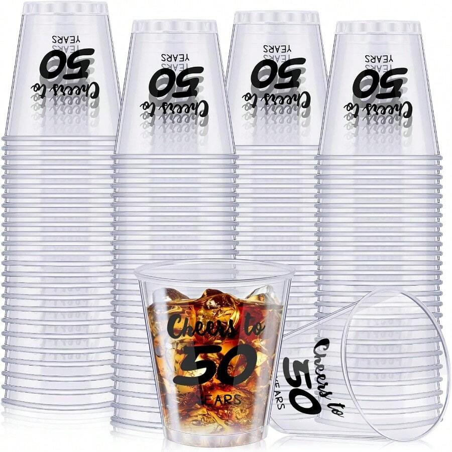 D100 Pcs 50th Birthday Shot Glasses Bulk Cheers To 50 Years Birthday Cups 2 Oz Disposable Cups With Plastic 50th Birthday Party Plies Cups For Men Women - 透明的 - 查看 1