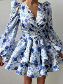 Solstice Apparel Backless Blue Rose Print Dress, Puff Long Sleeve V-Neck Layered Ruffle Mini Dress, Retro Elegant Style, Great For Weddings, Parties & Music Festivals, Spring Summer - Blue - View 7