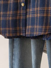 YUXIN 女春夏复古格子衬衫翻领长袖宽松日常通勤/休闲出游透气修身百搭上衣 - 藍色 - 查看 11