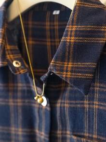 YUXIN 女春夏复古格子衬衫翻领长袖宽松日常通勤/休闲出游透气修身百搭上衣 - 藍色 - 查看 6