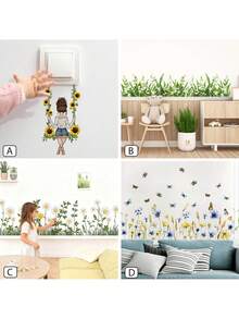 BRUP 1 张可爱雏菊墙贴，白色花瓣，向日葵，绿叶和花卉图案，可移除，即撕即贴，适用于儿童房和婴儿房装饰，充满奇思妙想的春季主题艺术 - 彩色 - 查看 7