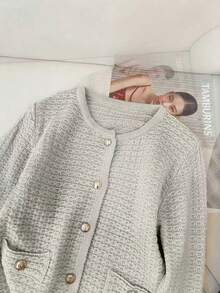 时尚纽扣针织开衫 - 休闲长袖，纯色，女士秋冬服装时尚毛衣